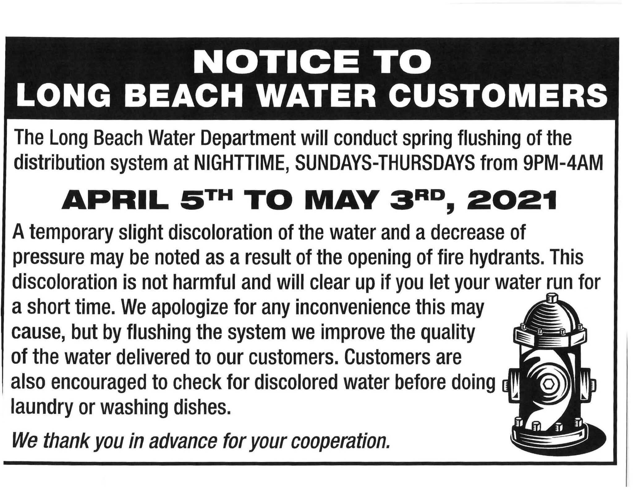 Spring Hydrant Flushing – Long Beach Township